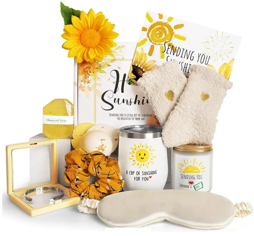 Birthday Gifts for Women, Sending Sunshine Christmas Gifts, Get Well Soon Gifts Basket Care Package Unique Spa Gifts Box with Wine Glasses for Thinking of You Her Sister Best Friend