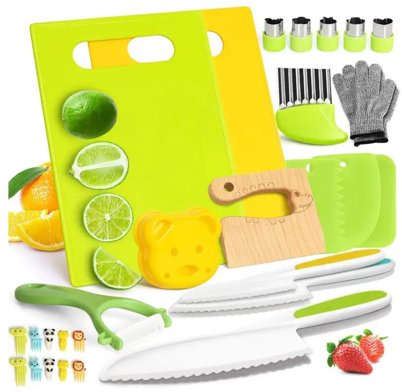 28PCS Toddler Knife Set - Kids Knifes for Real Cooking, Montessori Kids Kitchen Knife Set with Cutting Board Crinkle Cutters Kid Safe Knives, Toddlers Kitchen Tools for Age 2-10 Year Old Girl Boy