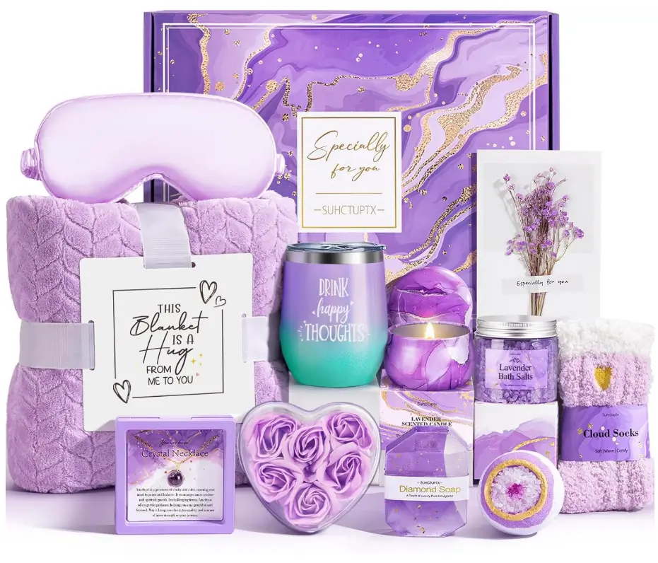 Birthday Gifts for Women, Self Care Gifts Christmas Box Get Well Soon Basket, Lavender Relaxing Spa Gifts Care Package w/ Flannel Blanket, Unique Mothers Day Gift Idea for Mom Her Friend Sister Purple